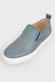 Gray leather slips with tag