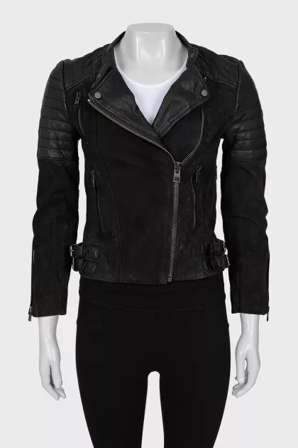 Leather jacket with quilted elements