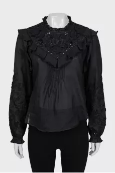 Black blouse with embroidery and frills