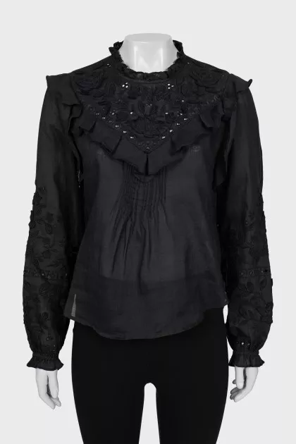 Black blouse with embroidery and frills
