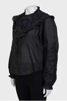 Black blouse with embroidery and frills