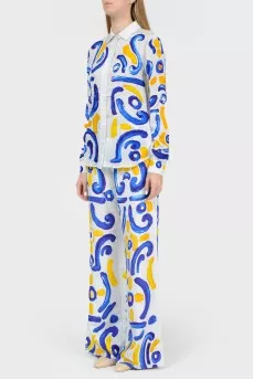 Pants suit in an abstract yellow-blue print