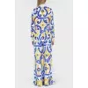 Pants suit in an abstract yellow-blue print