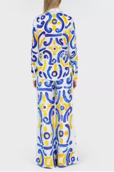 Pants suit in an abstract yellow-blue print