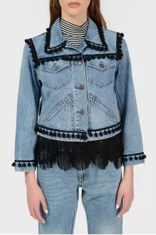Denim jacket with a fringe with a tag