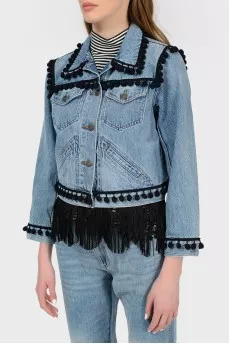 Denim jacket with a fringe with a tag