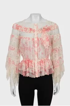 Button-down blouse decorated with lace