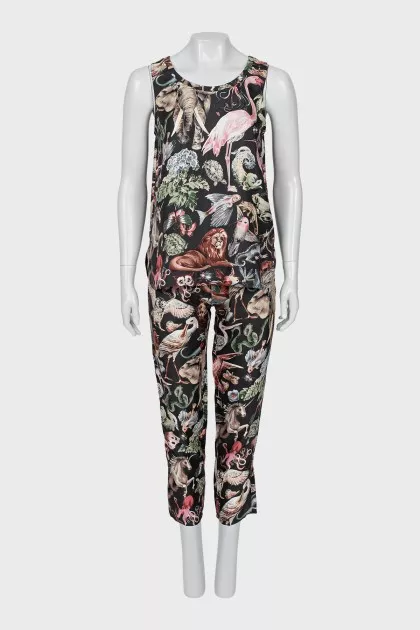 Silk suit with printed trousers