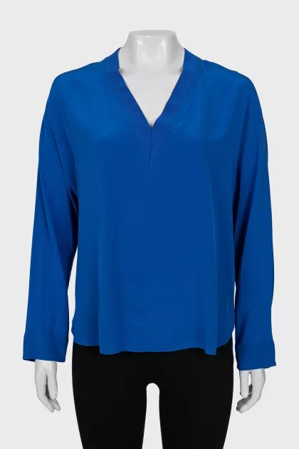 Blue silk V-neck blouse
