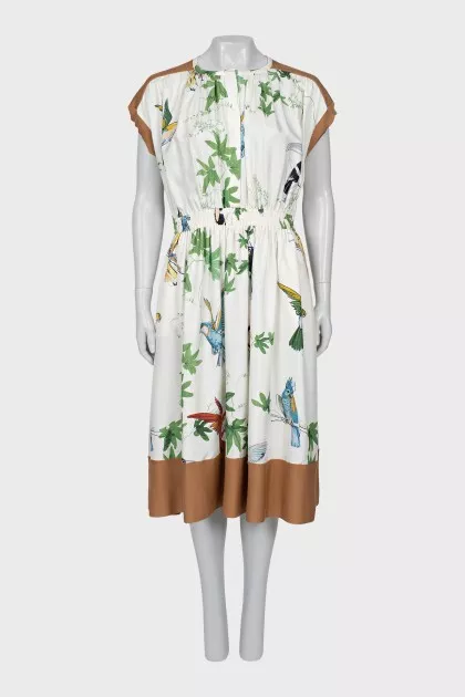 Silk dress with bird print