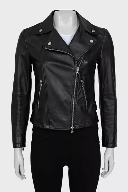 Leather jacket with oblique zipper
