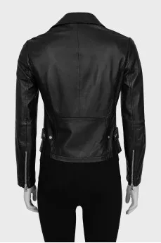 Leather jacket with oblique zipper