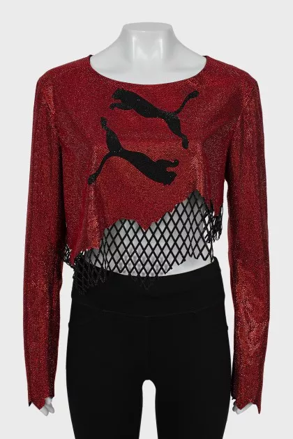 Top with logo decorated with rhinestones