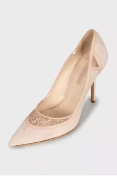 Pink suede stiletto heels