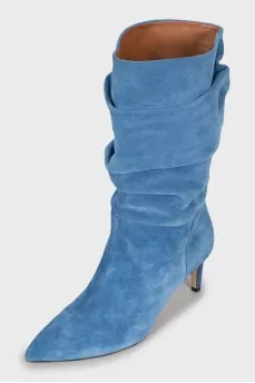 Сапоги из синей замши на каблуке 