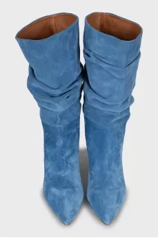 Сапоги из синей замши на каблуке 
