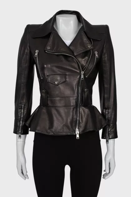 Leather jacket with draped hem