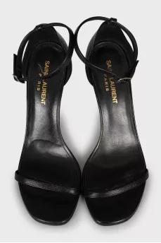Black leather stiletto heeled sandals