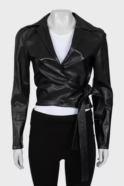 Leather jacket with button and ties