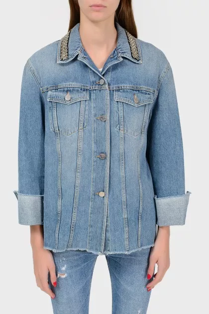 Denim jacket with rhinestone collar