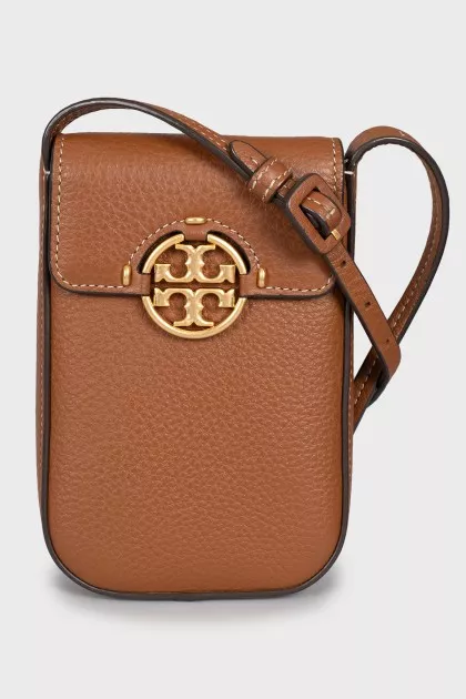 Brown leather bag with gold logo