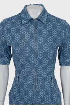Denim overalls with signature print