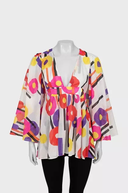 Semi-transparent blouse with multi-colored print