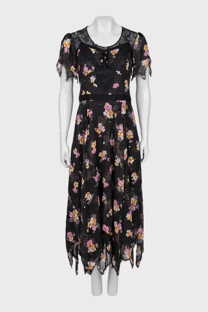 Silk dress with floral print and lace