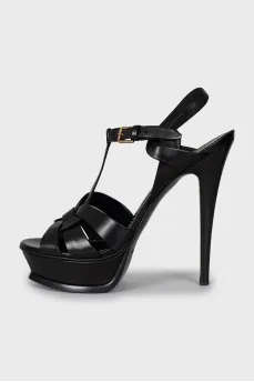 Black leather heeled sandals