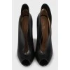 Black leather open toe ankle boots