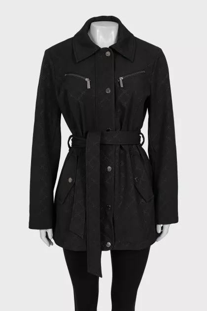 Jacket with a belt, buttons and a zipper