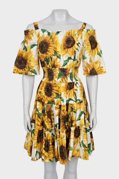Sunflower print off shoulder dress