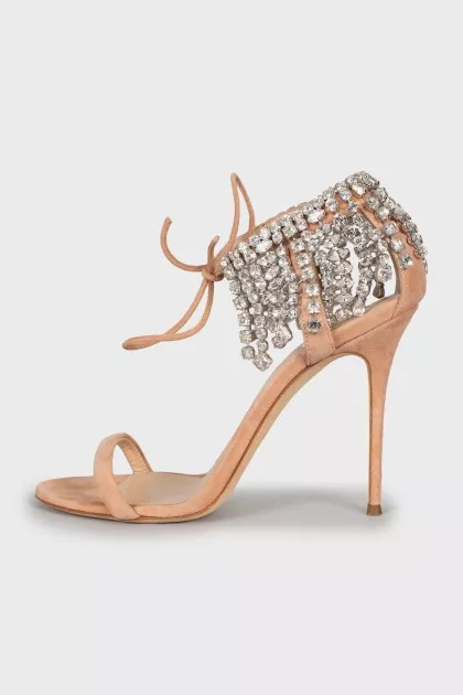 Suede sandals with crystal fringe