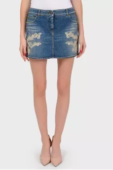 Denim mini-skirt with lace application