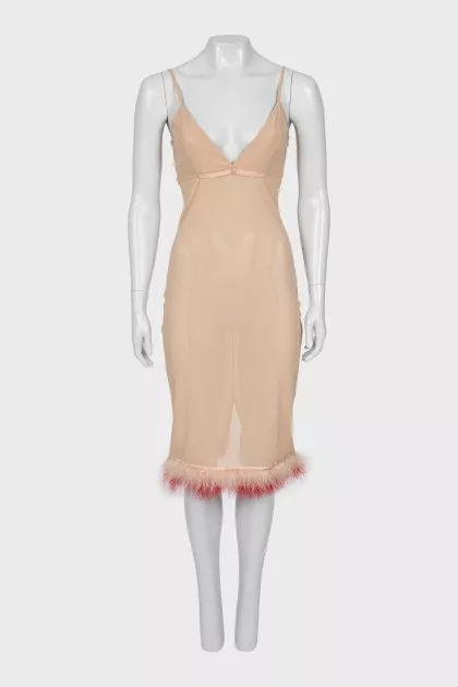 Mesh dress with feathers with tag