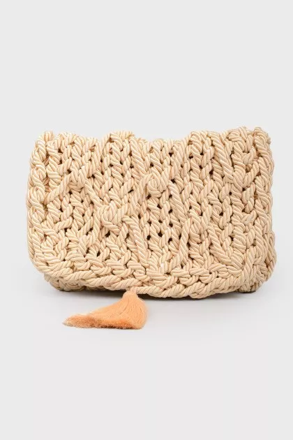 Beige Woven Tassel Clutch
