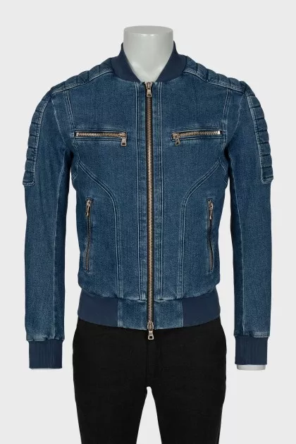 Men's Denim Bomber Jacket with Embossed