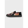 Suede slip-ons with embroidery and rhinestones