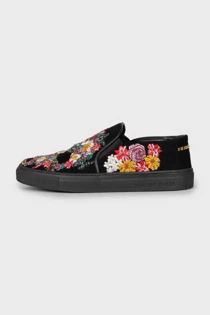 Suede slip-ons with embroidery and rhinestones