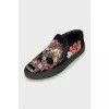 Suede slip-ons with embroidery and rhinestones