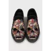 Suede slip-ons with embroidery and rhinestones