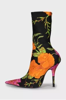 Floral Print Fabric Ankle Boots