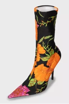Floral Print Fabric Ankle Boots