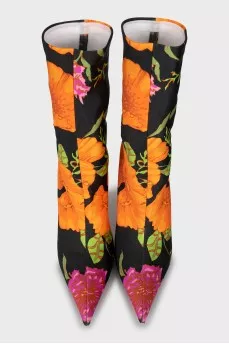 Floral Print Fabric Ankle Boots