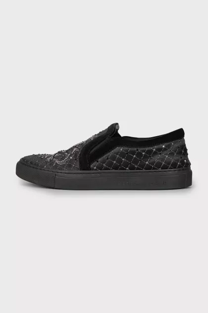 Textile slip-ons with rhinestones and embroidery