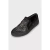 Textile slip-ons with rhinestones and embroidery