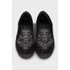 Textile slip-ons with rhinestones and embroidery
