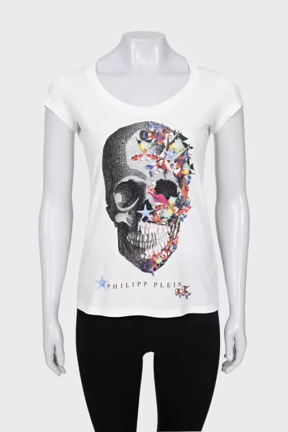 T-shirt with print and rhinestones