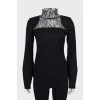 Wool blouse with lace insert