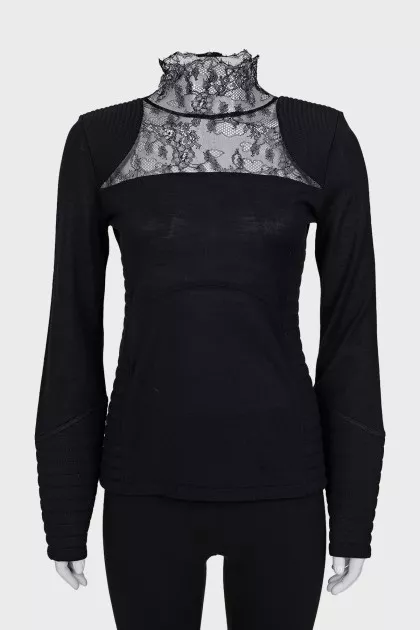Wool blouse with lace insert